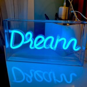 Blue fluorescent “dream” sign, room decor